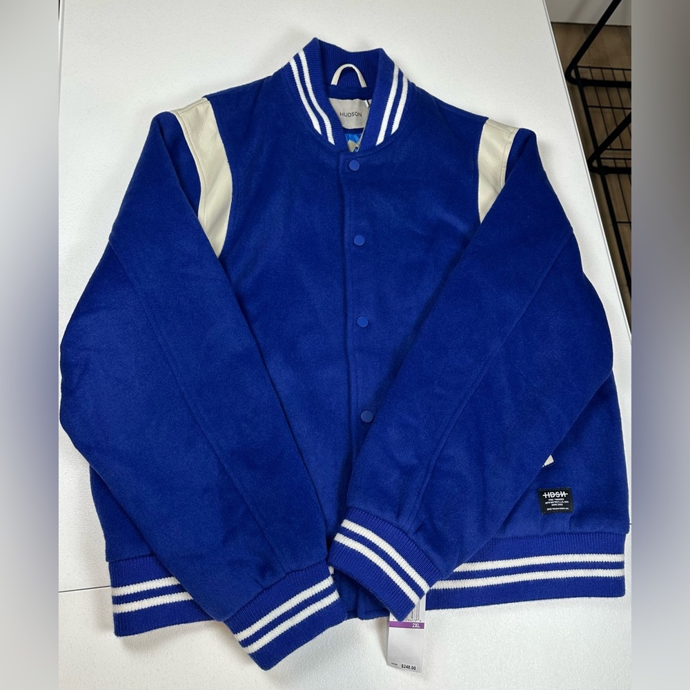 NWT HUDSON Mens Wool Varsity Bomber Jacket 2XL Royal Blue Ivory Faux Leathe $248